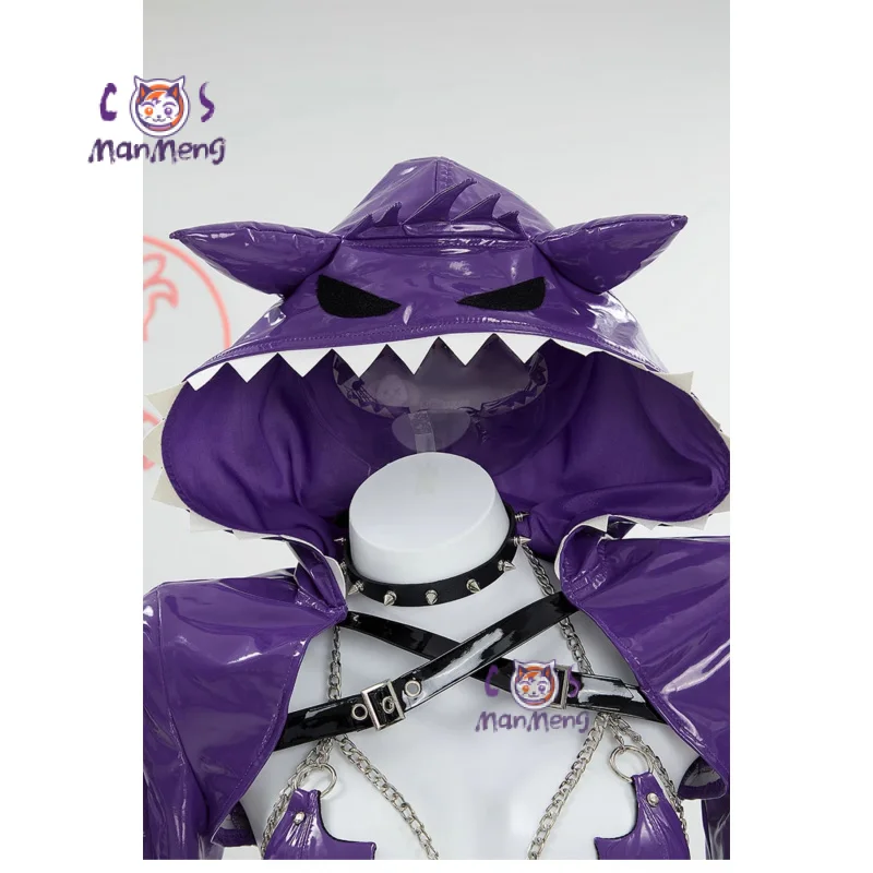 Pokemo Gengar Cosplay Ectoplasma Costume Anime Game Purple leather jumpsuit jacket necklace sock  Halloween women sexy set