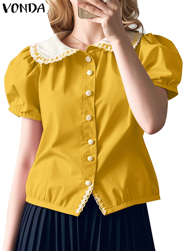 VONDA Women Patchwork Blouse Solid Color Female Tops 2025 Casual Puff Short Sleeve Tunic Lapel Neck Lace Blusas Oversized