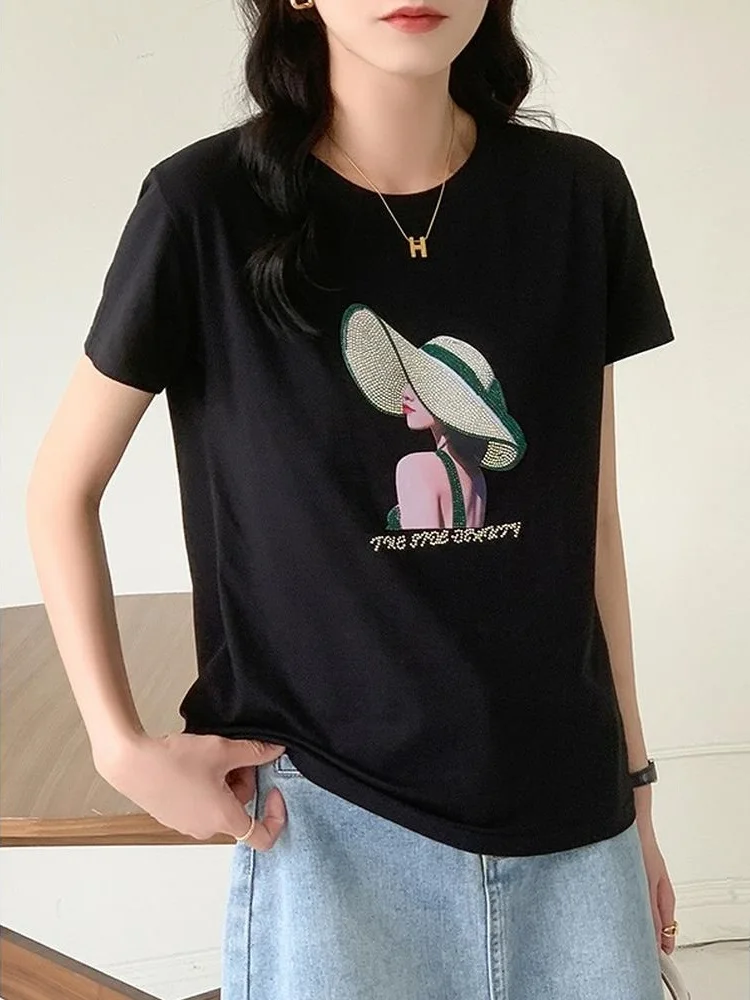 TuangBiang 2023 Diamond Embellished Cotton T-Shirts Summer Rhinestones Patchwork Casual O-Neck Loose Tee Elegant Print Lady Tops