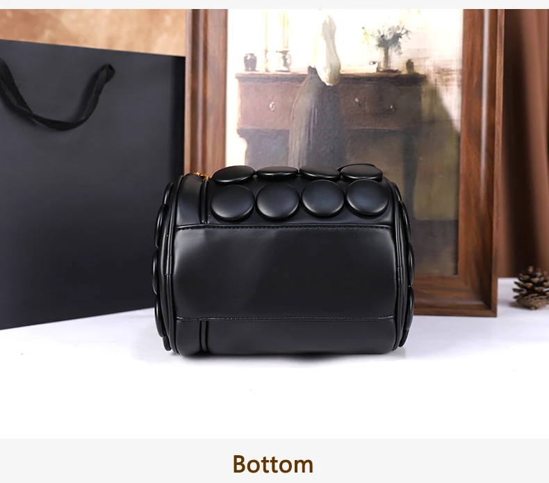 2026 Neues Design Damen Retro-Knopf-Lederhandtaschen Luxuriöse High-End Runde Röhrenförmige Bucket Bag Neue Mode Schulter-Umhängetasche – Detail 12