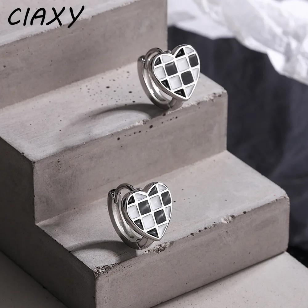 CIAXY Silver Color Mosaic Love Earrings for Women Black and White Plaid Checkerboard Heart-shaped Ear Buckle  Jewelry