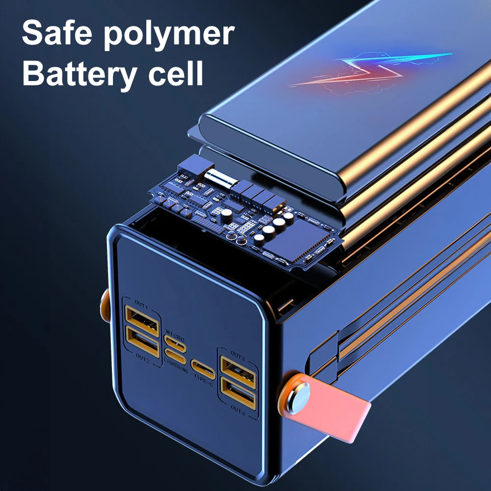 بنك طاقة محمول بقدرة 50000 مللي أمبير في الساعة للتخييم الخارجي بقدرة 120 وات شحن سريع للغاية مع كابلات مدمجة وإضاءة LED