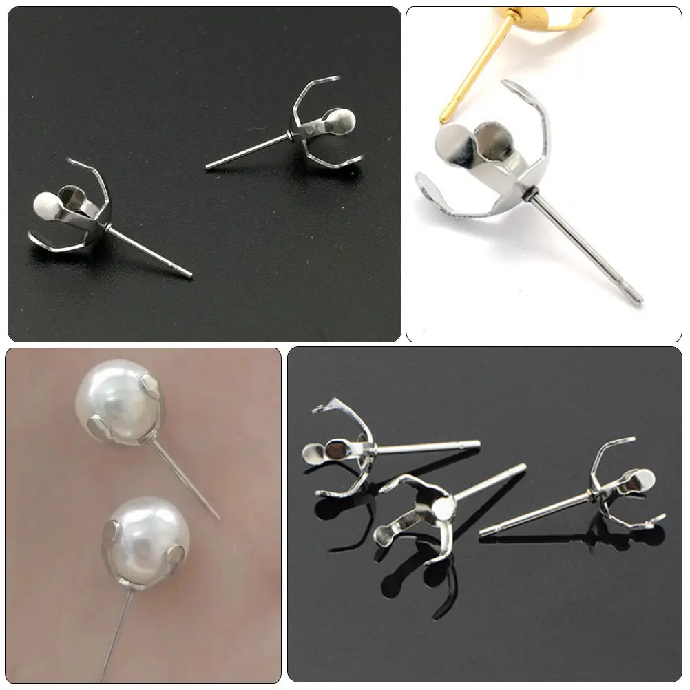 20Pcs Smooth Edge Claw Ear Posts Stainless Steel DIY Earring Supplies Pearl Ear Studs Making Kit Jewelry Craft Accessories