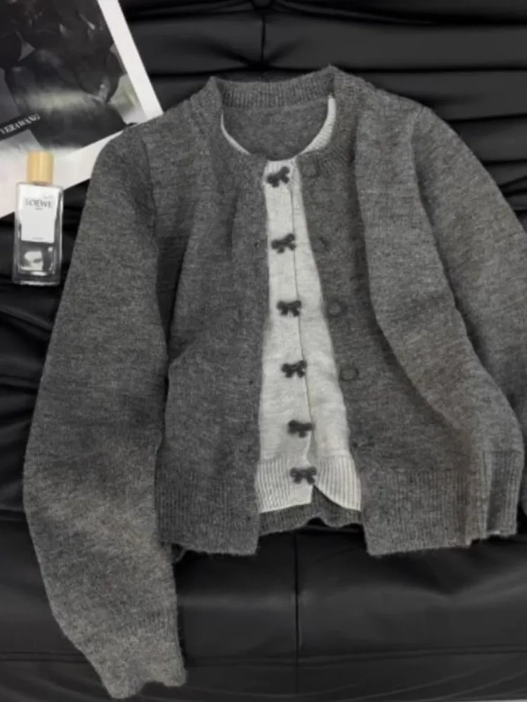 

Korean Fashion Bow Cardigan Sweater 2025 Gray Fake Two Piece Top for Women Spring Autumn Slim Fit Simple Knitted Coat