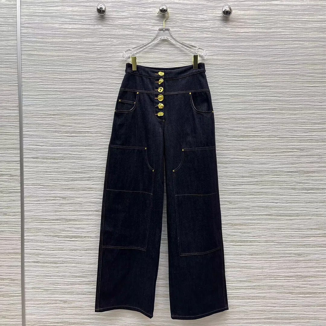 

2025 новые модные черные свободные джинсы с золотыми пуговицами для глаз, женские широкие брюки с высокой талией и карманами в стиле пэчворк, уличная одежда