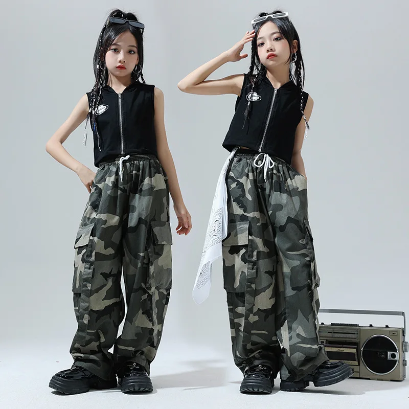 

Girls Hip Hop Sets Crop Tank Hoodies Camouflage Cargo Pants Children Street Dance Kids Streetwear Jazz Hooded Clothes