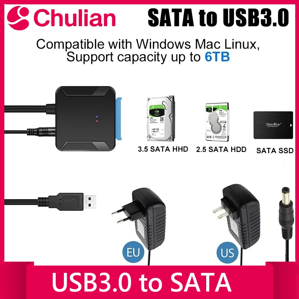 

Кабель USB 3.0 - SATA для 3.5-дюймовых HDD, адаптер-конвертер SATA III для 2.5-дюймовых SSD/HDD дисков с адаптером питания 12В/2А