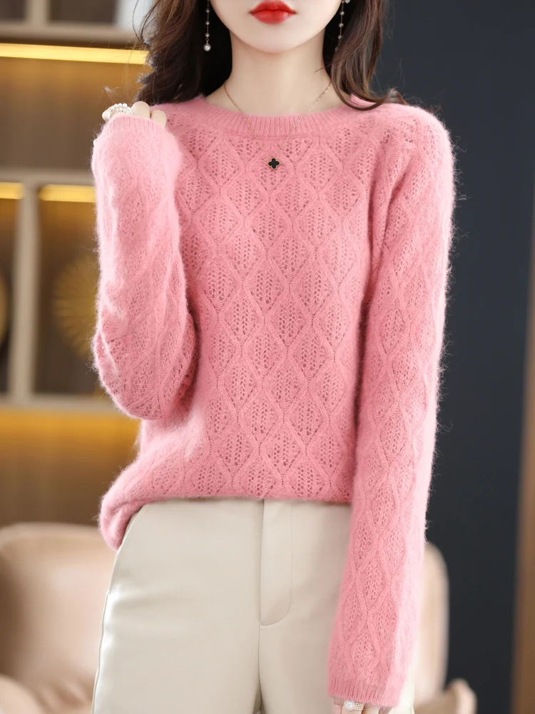 Autumn Winter 100% Mink Cashmere Sweater Women\'s O-Neck Hollowed-out Jacquard Knit Pullover Loose Large size Sweater Thick Tops