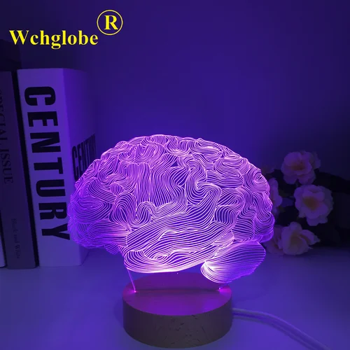두뇌 모양 나무 3D 일루션 램프, 터치 스위치 변경 LED 야간 조명, 아크릴 책상 램프, 분위기 노벨티 조명, 7 가지 색상