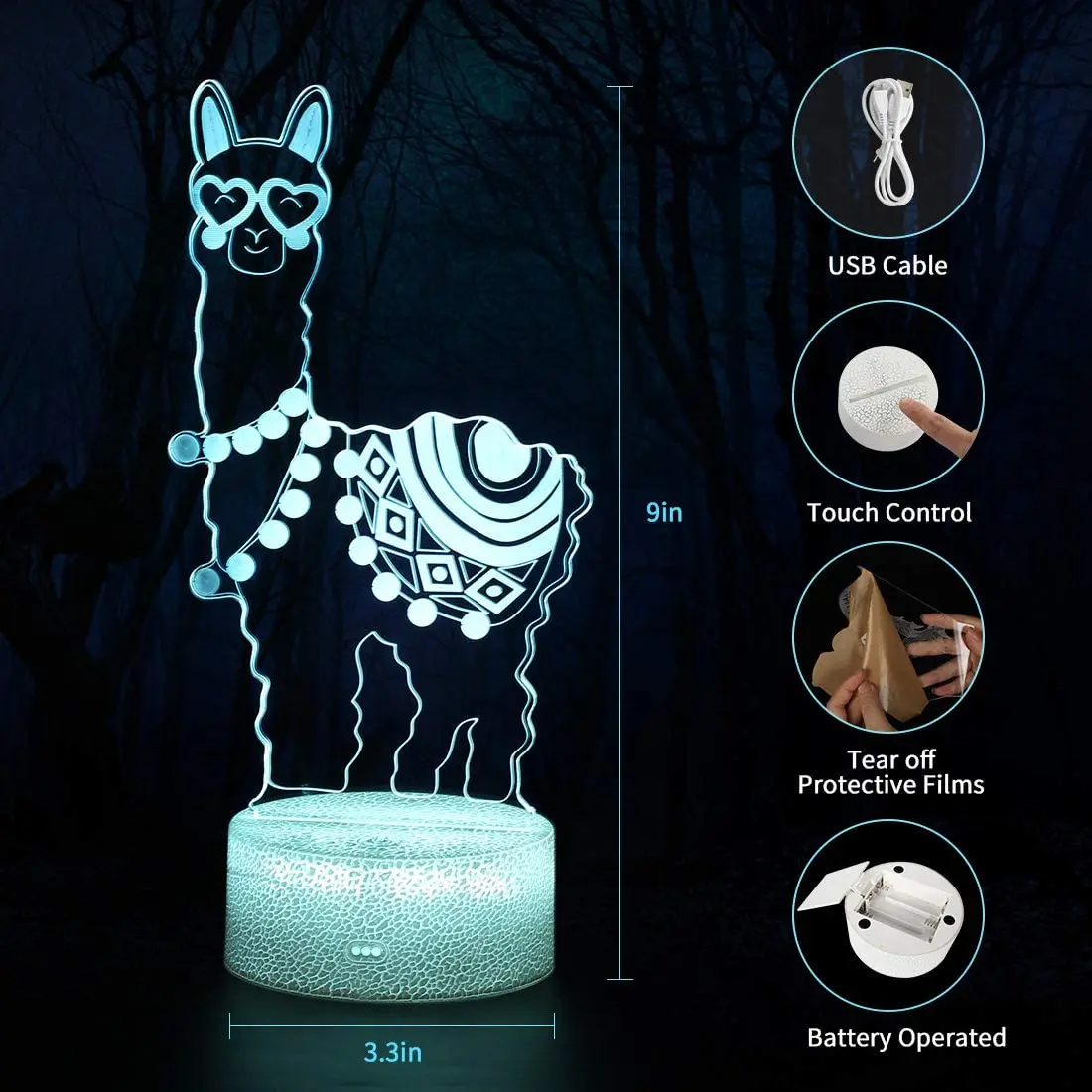 Llama 3D Illusion Night Light, lámpara de Alpaca 16 colores cambiantes Control remoto luz nocturna decoración de dormitorio Llama regalo para niños