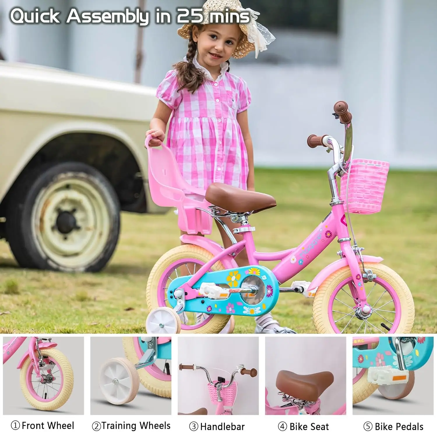 Bicicleta de estilo princesa para niñas, bici de 14 pulgadas para niños de 2 a 13 años, con asiento, cesta y tren