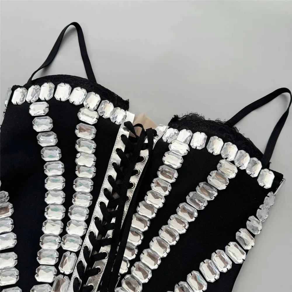 Sexy Lace Patchwork Spaghetti Strap Bandage Dress Women Beading Clothes Club Party Celebrity Dresses