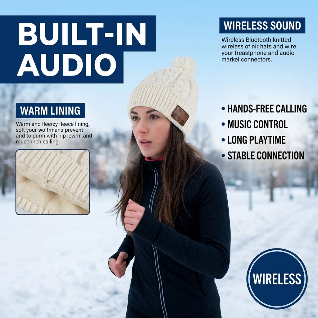 Knit Fleece-lined Beanie Hat Built-in Wireless Headphones Bluetooths-compatible Stereo Speakers Winter Running Cycling Music Cap