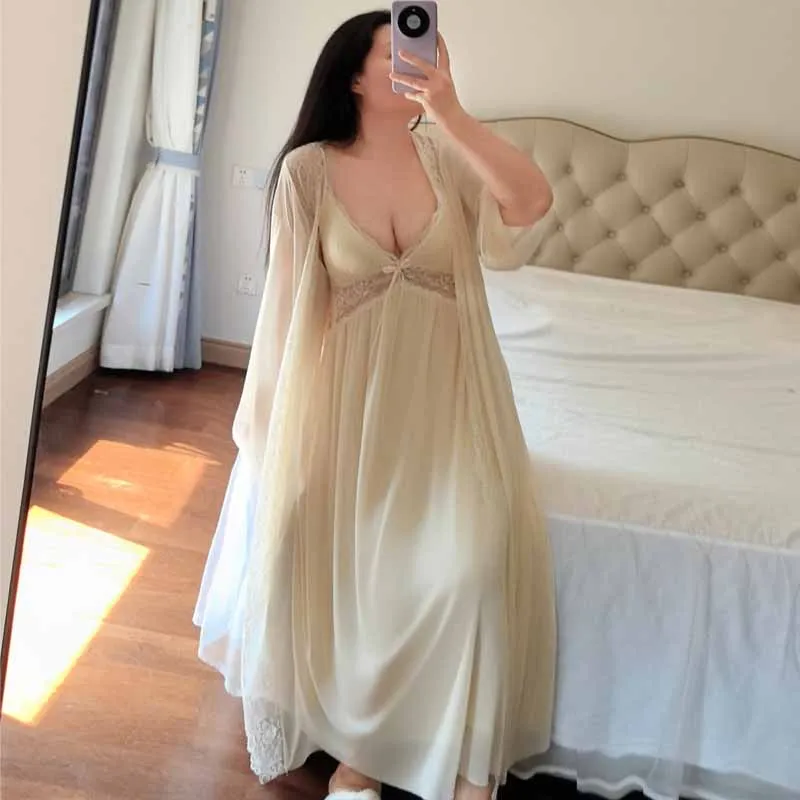Women Plus Size Two Piece Lace Sleepwear Set V Neck Spaghetti Strap Long Slip Nightgown Sheer Mesh Long Sleeve Robe Vestidos