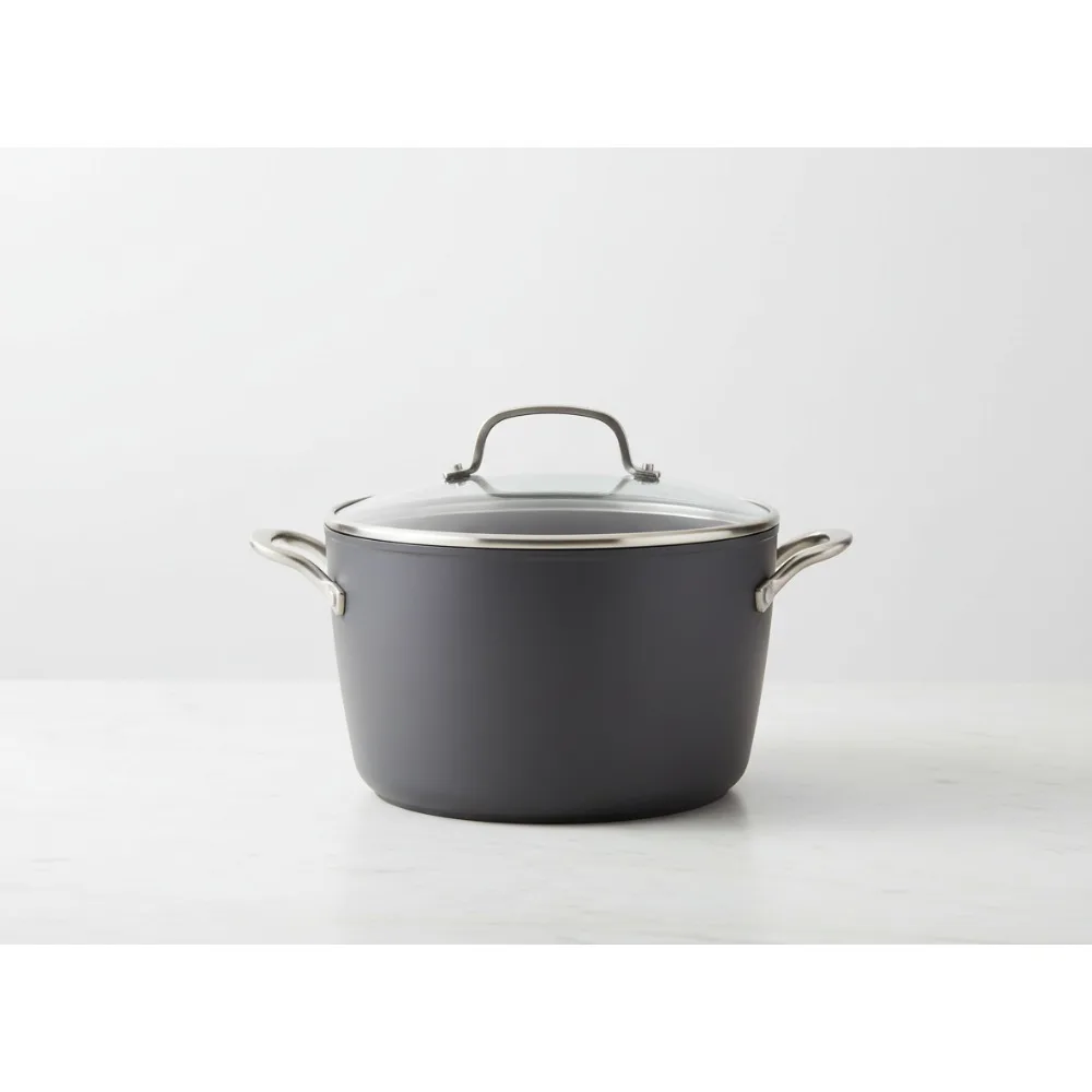 

8-литровый жесткий анодированный индукционный кастрюля с антипригарным покрытием и крышкой, матовый черный для домашних повара