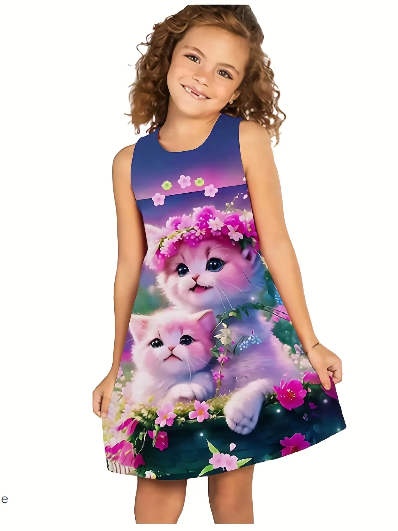 Girl Cute Kitten and Purple Flower Printed T-shirt Dress, Children's Animal Enthusiasts Casual Dress Suitable for Birthday Gifts