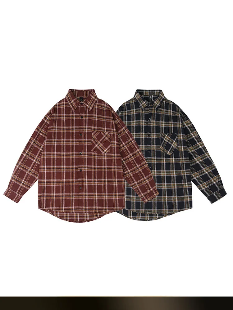 

American Retro Color Blo Plaid Long Sve irt Men's Loose All-Match Couple College Sle irt Youth Trend Cotton 00%