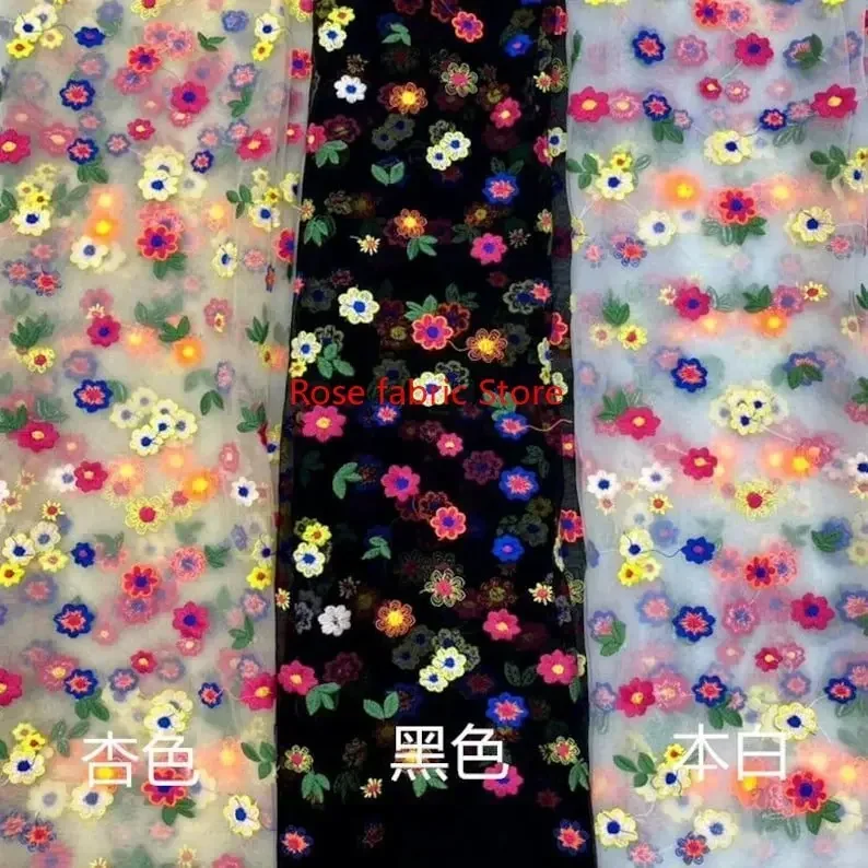 Colorful flower embroidery lace fabric floral white beige black soft tulle for wedding dress girl dress Veil 51" width 1 yard