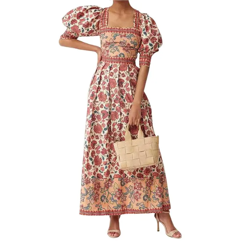 

CYL-Floral Skirt Set For Women-Square Neck Bell Sleeve Top With Maxi Skirt For Summer Outings