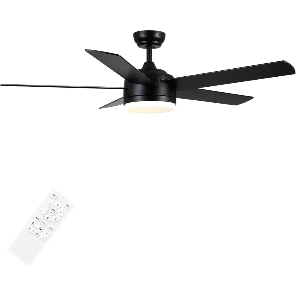 

52 inch Black Ceiling Fan with Lights and Remote Control,Dimmable tri-Color temperatures LED,Quiet Reversible Motor,5 Blades