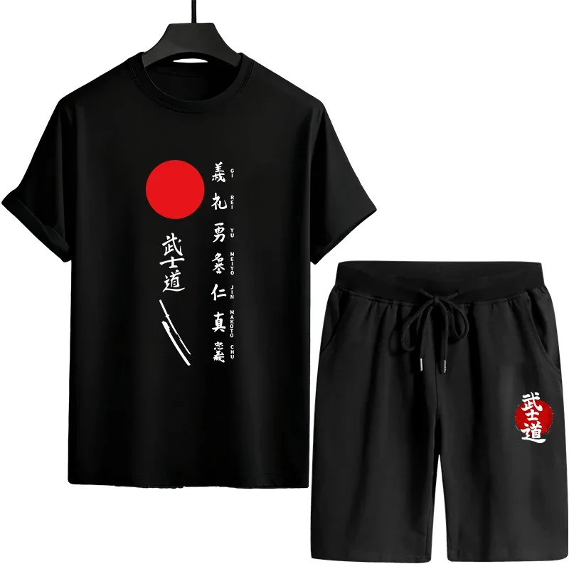 

2026 Summer Mens Tracksuit Set Bushido Tshirt Shorts 2 Piece Urban Casual Sportswear Male Home Outdoor Comfort Cool Tee Outfit