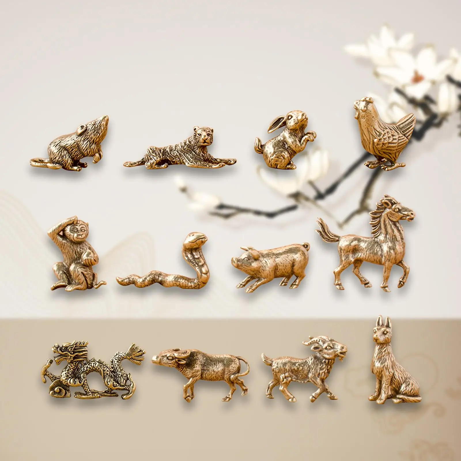 

12 Pieces Chinese Zodiac Set Brass Figurine Retro Animal Sculpture Desktop Ornament Tea Pet Animal Statue for Tabletop Office