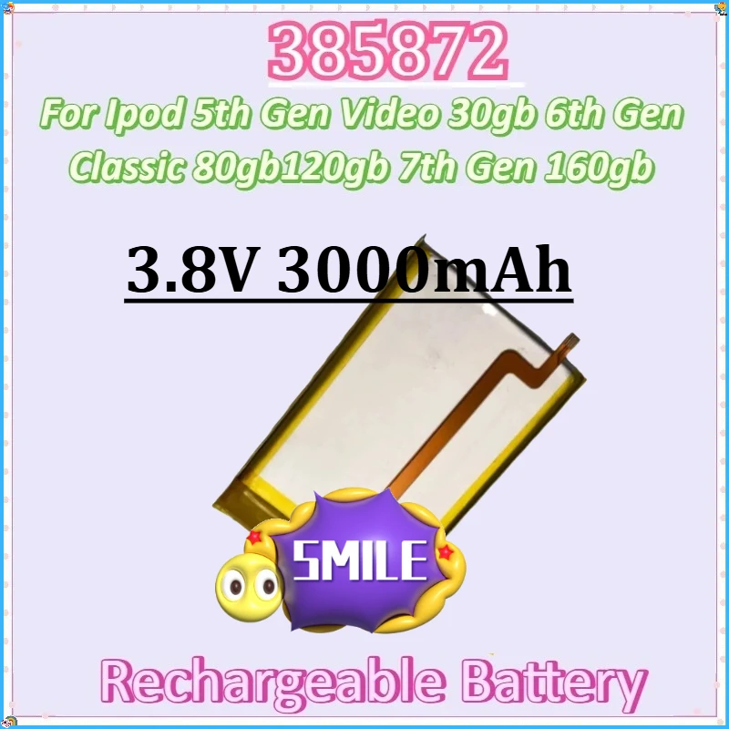

New 385872 3.8V 3000mAh for Ipod 5th Gen Video 30gb 6th Gen Classic 80gb120gb 7th Gen 160gb Replacement SSD HD Upgrade Battery
