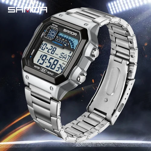 SANDA 6196 Reloj electrónico de lujo para hombre con calendario de Esfera luminosa multifuncional Reloj digital resistente al agua para hombre