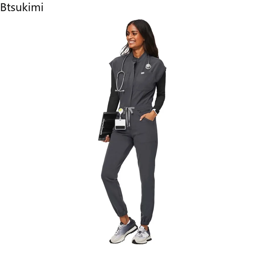 Fashion Zipper Jumpsuit Medical Uniform Health Service Nursing Romper Pet Grooming Nurse Uniform Onesie Short Sleeved Workwear view 3