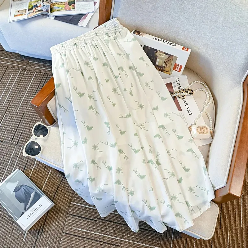 Women's Summer Floral Chiffon Midi Skirt Elastic Waist A-Line Flowy Casual Skirt