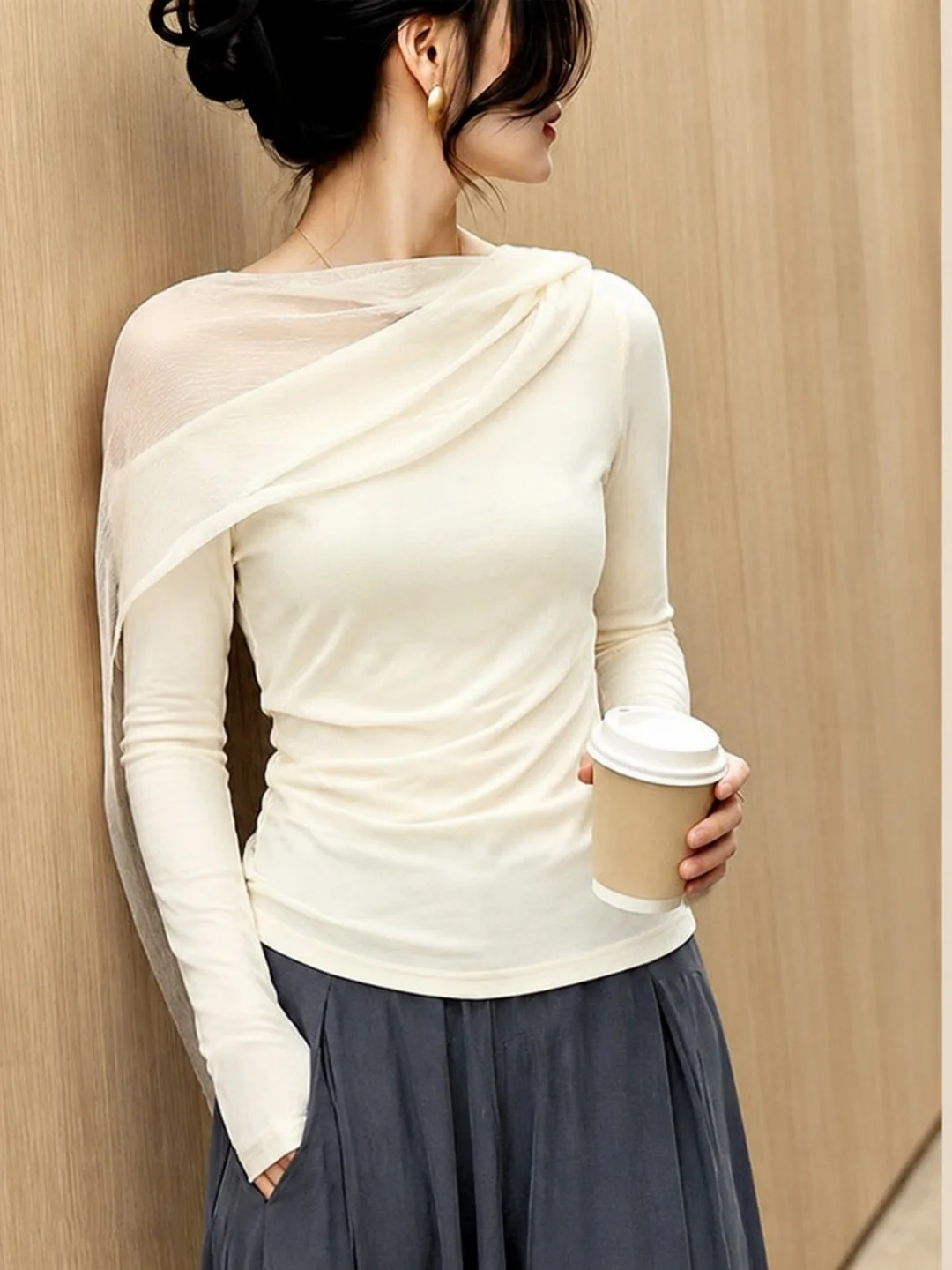 Slim Fit Long Sleeve T-Shirt Women's Design Sense Mesh Splicing Fashionable Versatile Korean Style Commute Silk Upper Body
