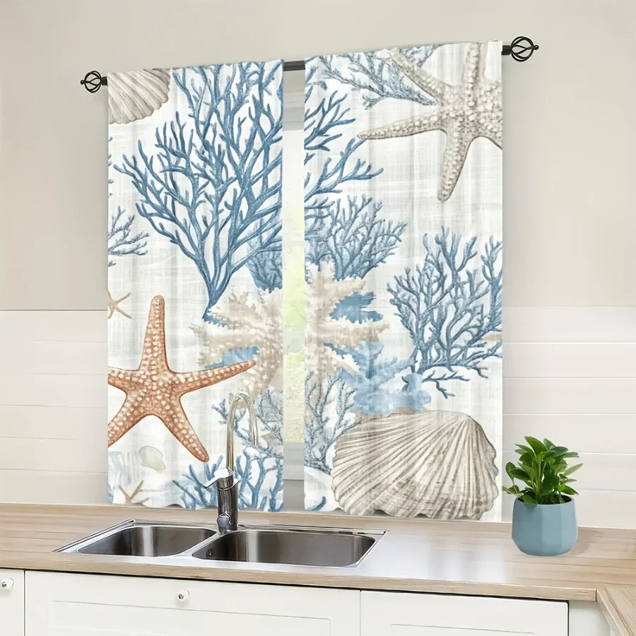 Nautical Ocean Life Beach Decor Curtains Coastal Bathroom Window Drapes Sea Star Coral Print