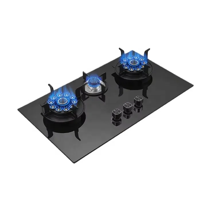 Atacado fogão a gás de 3 queimadores com queimador dobrável ignição eletrônica superior de vidro embutida para uso na cozinha