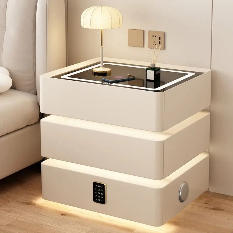 Modern Luxury Wooden Assembled Smart Bedside Table LED Lighting Wireless Charging Fingerprint Recognition Eco-friendly White