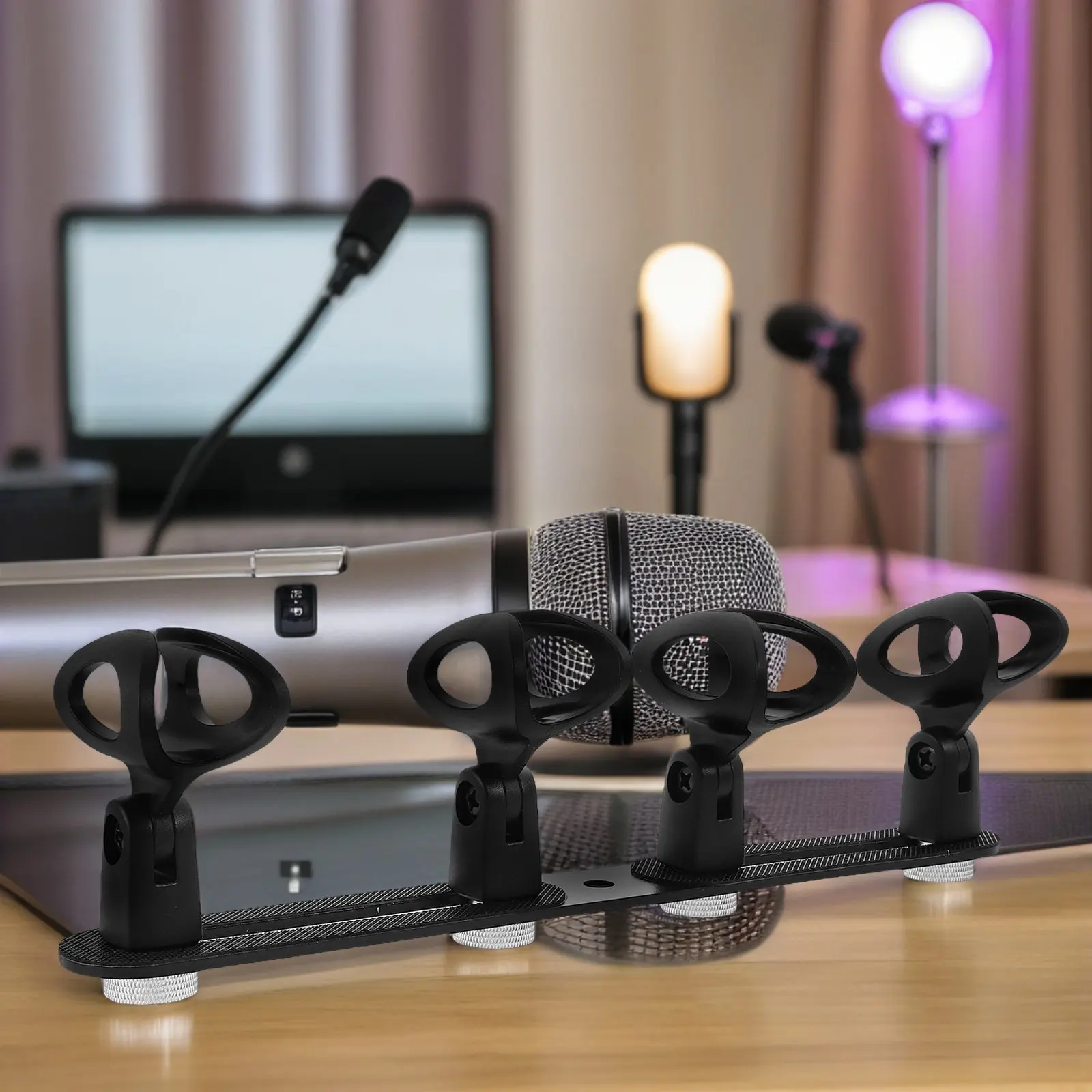 1Set Universal Microphone Holder Clamp Aluminum Pole Desktop Mic Stand Adapter for 4-Channel Audio Setup Conference Room