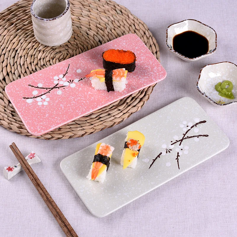 1PC Japanese Style Rectangular Ceramic Plates Underglaze Color Sushi Dishes Multi Purpose Plates for Cake Western Food