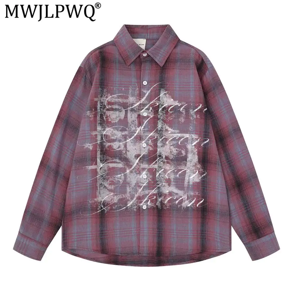 MWJLPWQ Plaid Long-Sleeve Men Shirt American Retro Graffiti Print Niche Loose Casual Lapel Shirt Versatile Top 2026 Autumn 20094