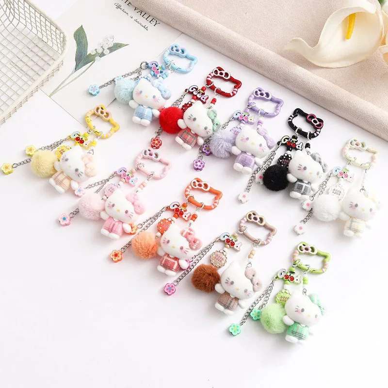 Official Sanrio Hello Kitty Plush Keychain Cute Cartoon Doll Bag Charm Pendant with Bow Pom Pom for Girls Fans Birthday Gift