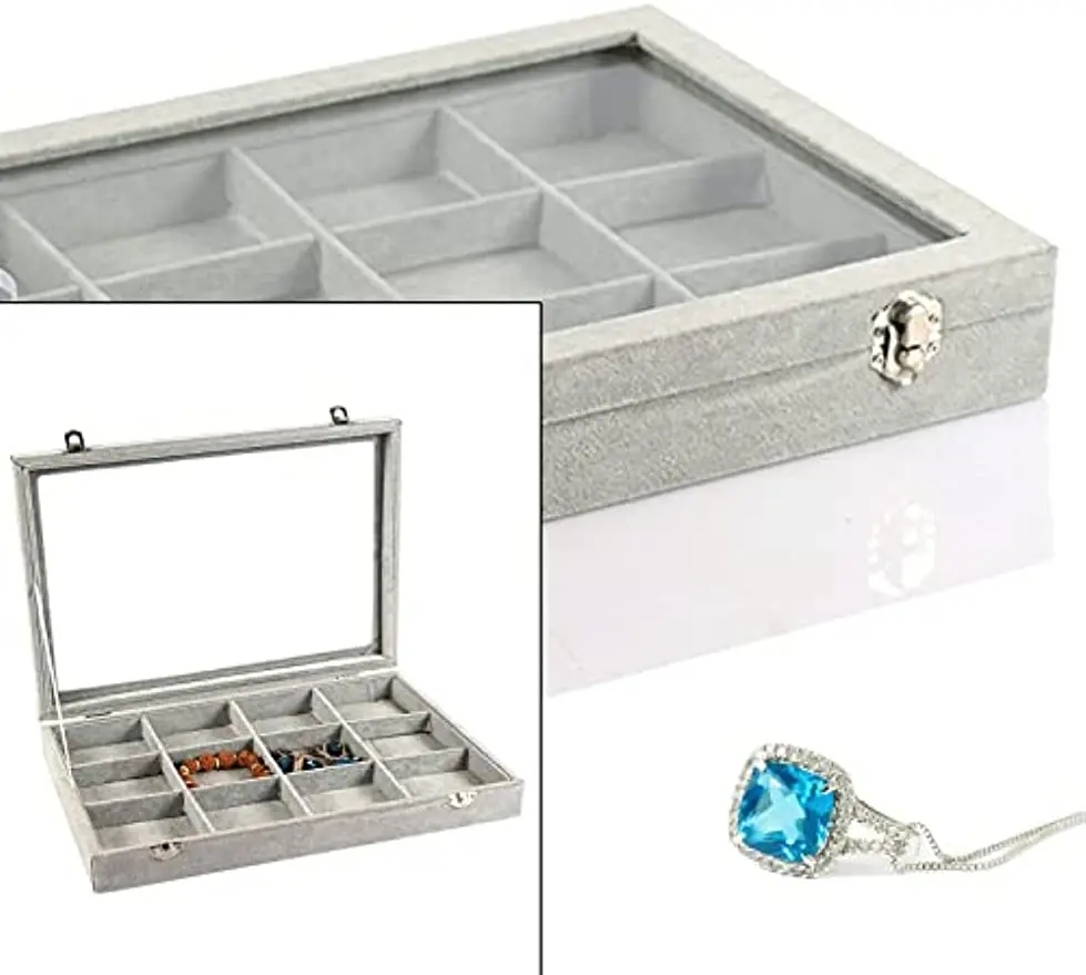 12Grid Grey Rectangular Jewelry Storage Box Earrings Ring Jewelry Box