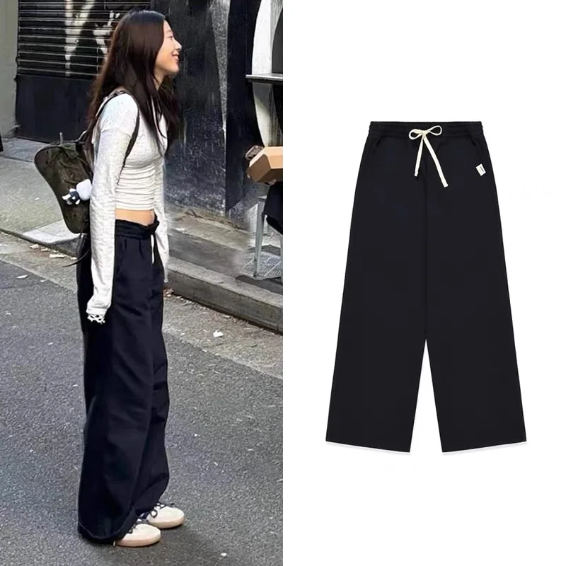เจ้าหลู่ขาตรงเอวยางยืดขากว้างกางเกงกีฬากางเกงลำลองกางเกงขายาวเอวสูงสบายเฟม แฟชั่น