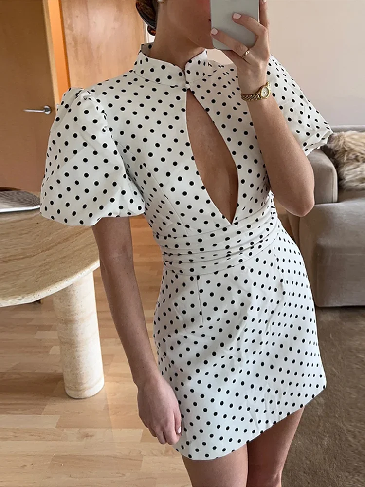 Elegant Women's Polk Dot Mini Dresses Summer Hollow Out Short Puff Sleeve Hip Package Slim Female Dress 2026 Lady Beach Robe
