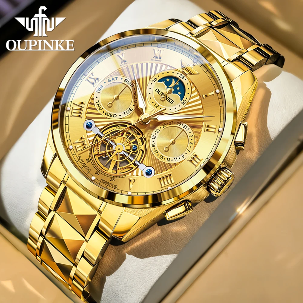 OUPINKE 3322 Heren Mechanisch Horloge Origineel Luxe Wolframstaal Multifunctioneel Skelet Tourbillon Automatisch Horloge voor Heren