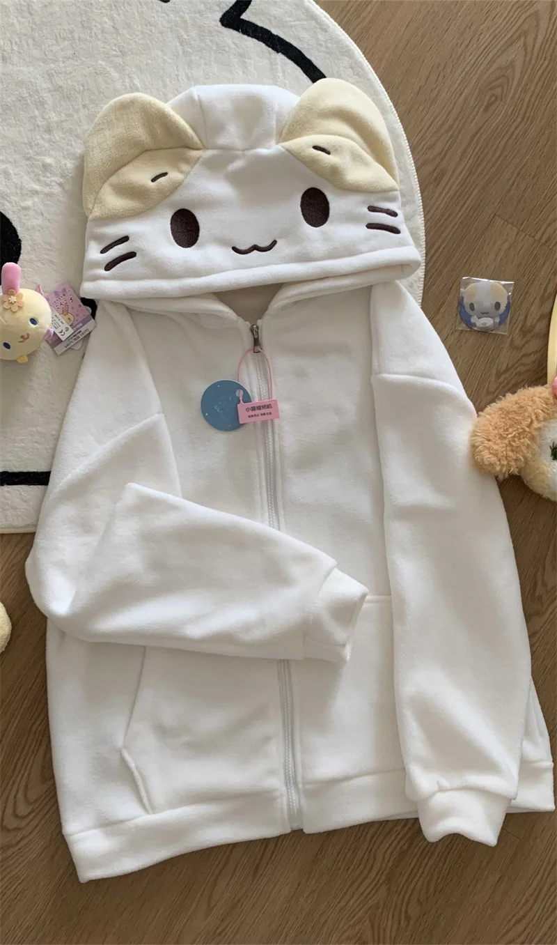 Masyumaro Fluffy Fuwa Nyanko Cat Zip Up Hoodies Fleece Outerwears Tops Anime Cute Kawaii Winter Cloth Teen Girl Women Clothing