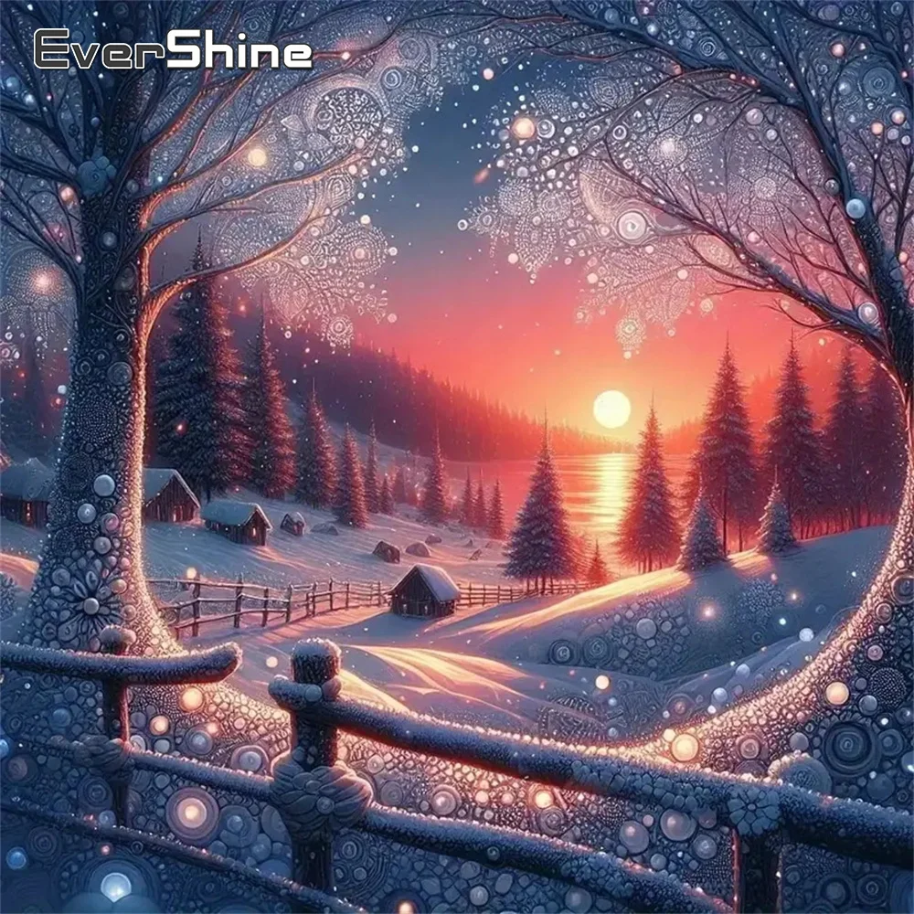Evershine Diamant-Mosaik, Sonnenuntergang, Landschaft, Wintermalerei, Fluss, geeignet für Anfänger, DIY-Stickerei, handgefertigtes Neujahrsgeschenk