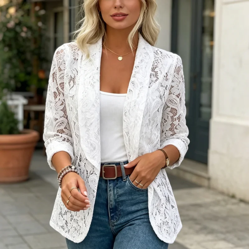 Commuter Blazer Fall White Women's Jacket Elegant Sheer Lace Blazer Long Sleeve Open Front Casual Cover Up Hollow Outer Wear