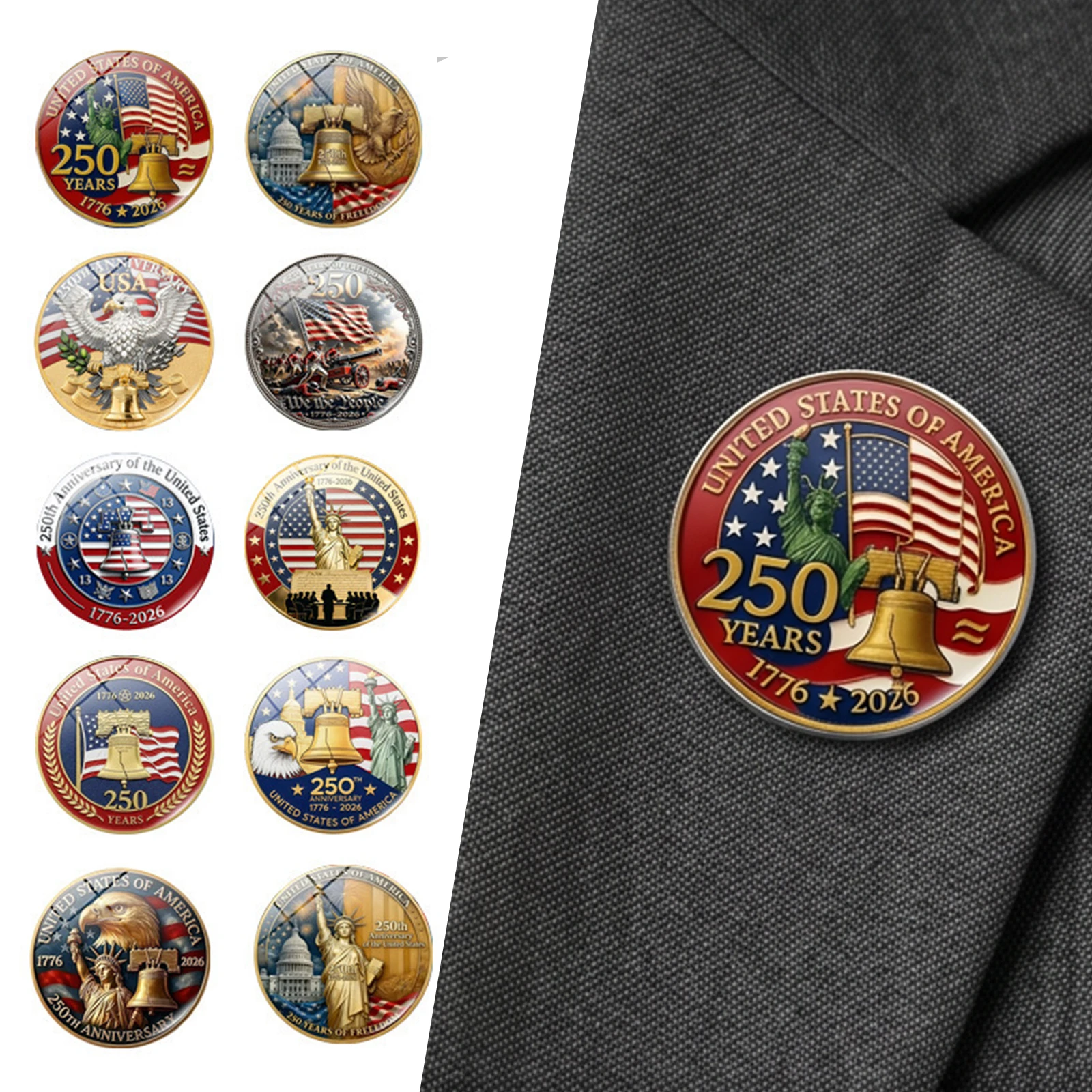 10Pcs American 250th Anniversary Badge for Women Men USA Patriotic Brooches Lightweight for Independence Day Gift Jewelry