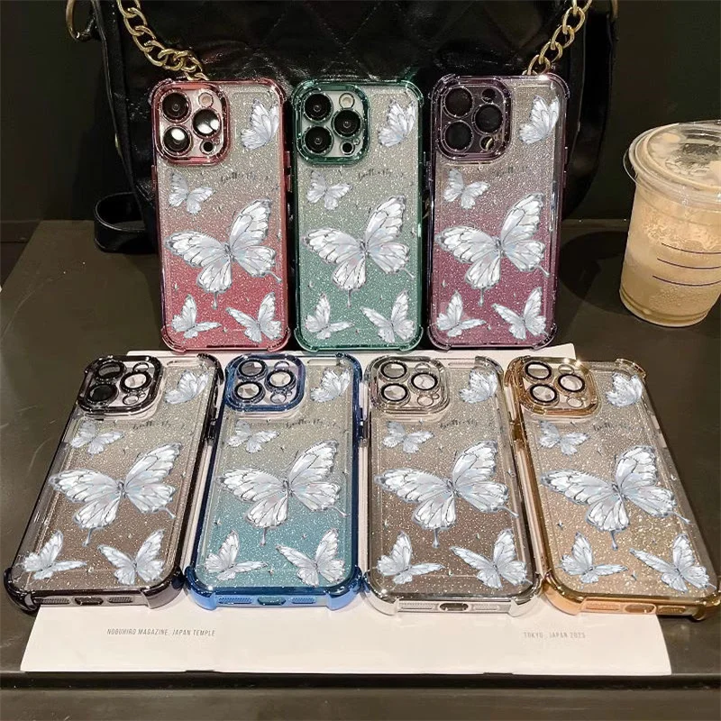 Butterfly Flash Powder Card Phone Case For IPhone 17 Pro Max 16 15 Pro Max Plus 12 13 Mini Plating TPU Airbag Korean Cover