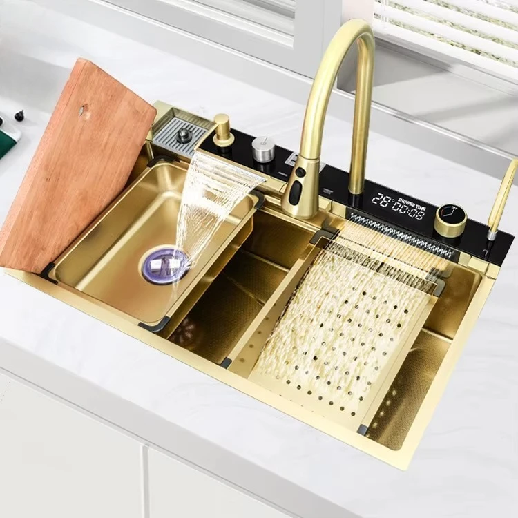 فاخر 304 الفولاذ المقاوم للصدأ Led نانو العسل الحديثة بالوعة البيانو مفتاح الذهب متعددة الوظائف الذكية شلال حوض المطبخ الرقمي