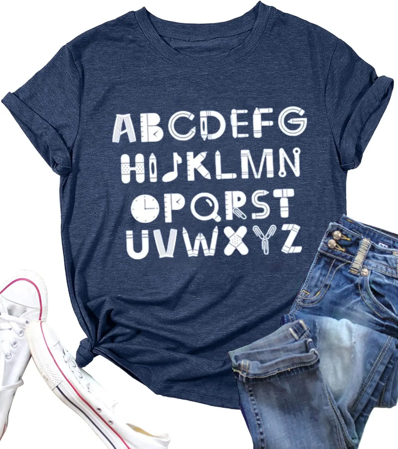 Teacher Shirt Women Cute Tops Alphabet Graphic Blouse College Tee Kindergarten Teacher Gifts Students T Shirts(X-Large,Dblue07)