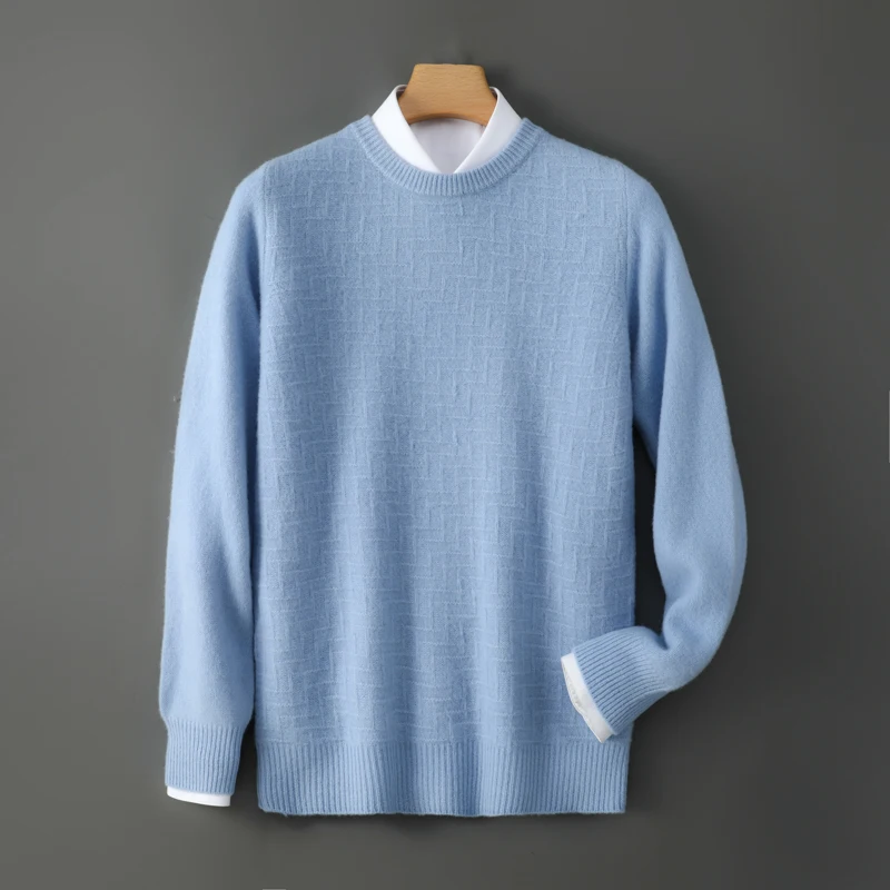 Autumn And Winter 100% Pure Wool Sweater Men'S Round-Neck Knit Sweater Business-Style Jacquard Knit Undershirt Sky Blue Top